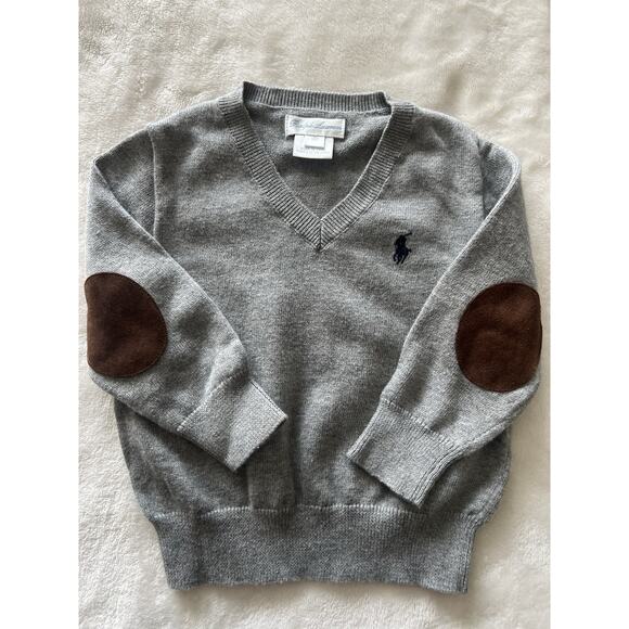 Ralph Lauren Baby Boy Size 12M Gray V-Neck Sweater Elbow Patch 100% Cotton - Picture 2 of 12